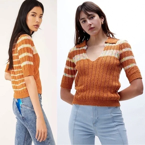 FREE PEOPLE 70s Cropped V-Neck Chunky Knit Striped Short Sleeve Henley Sweater S - Picture 5 of 14